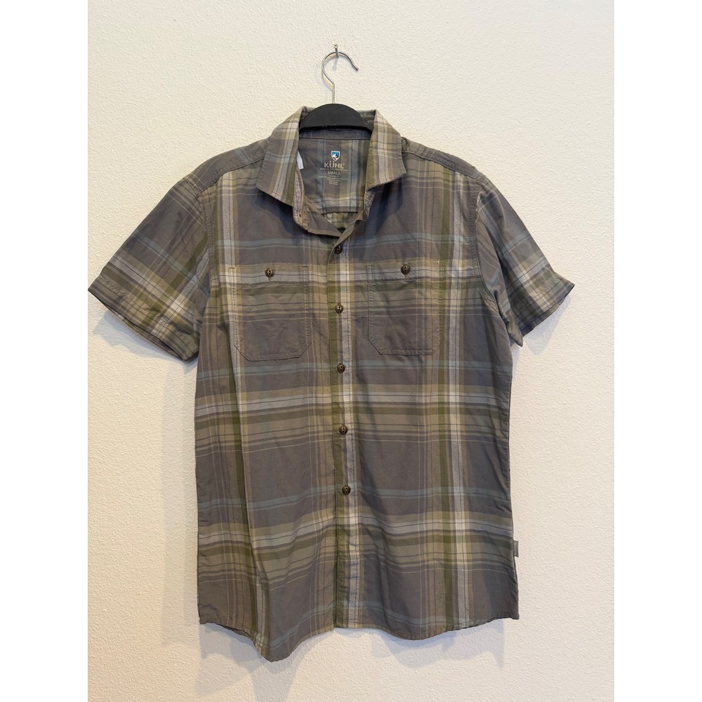 Kuhl Mens Small Tapered Fit Plaid Short Sleeve Button Down Shirt Green Grey